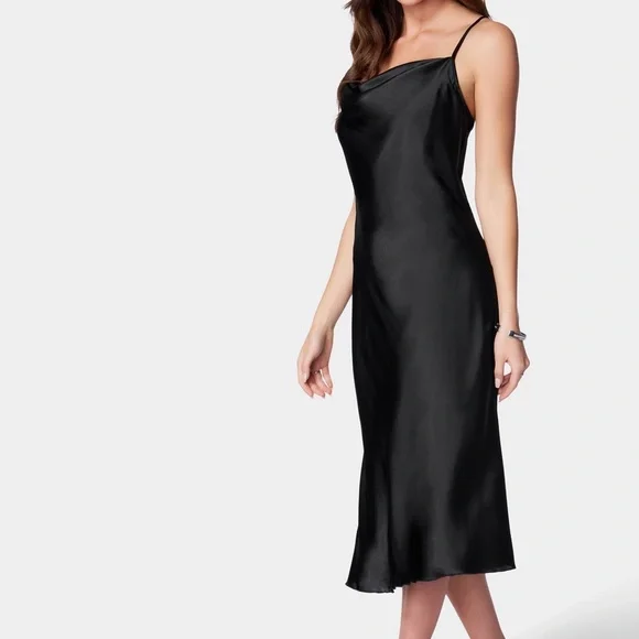 Bebe Satin Cowl Neck Slip Black and White Floral Midi Dress - Picture 7 of 12